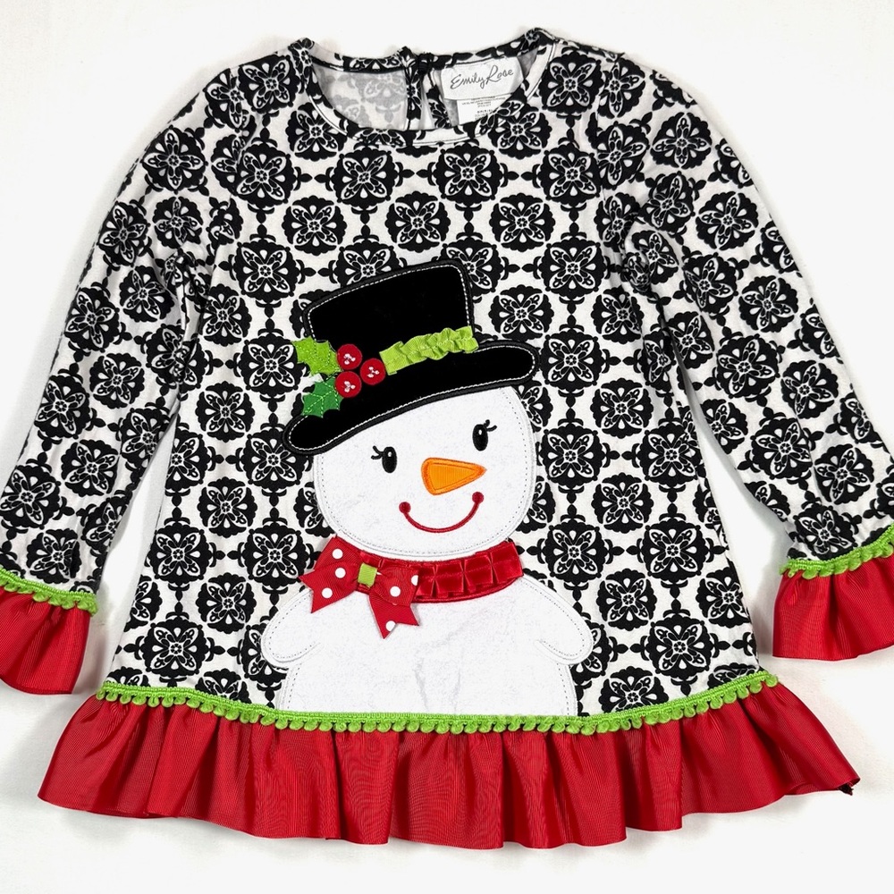 EMILY ROSE Girls Snowman Holiday Tunic Top‎ Black White Ruffle Christmas Size 5